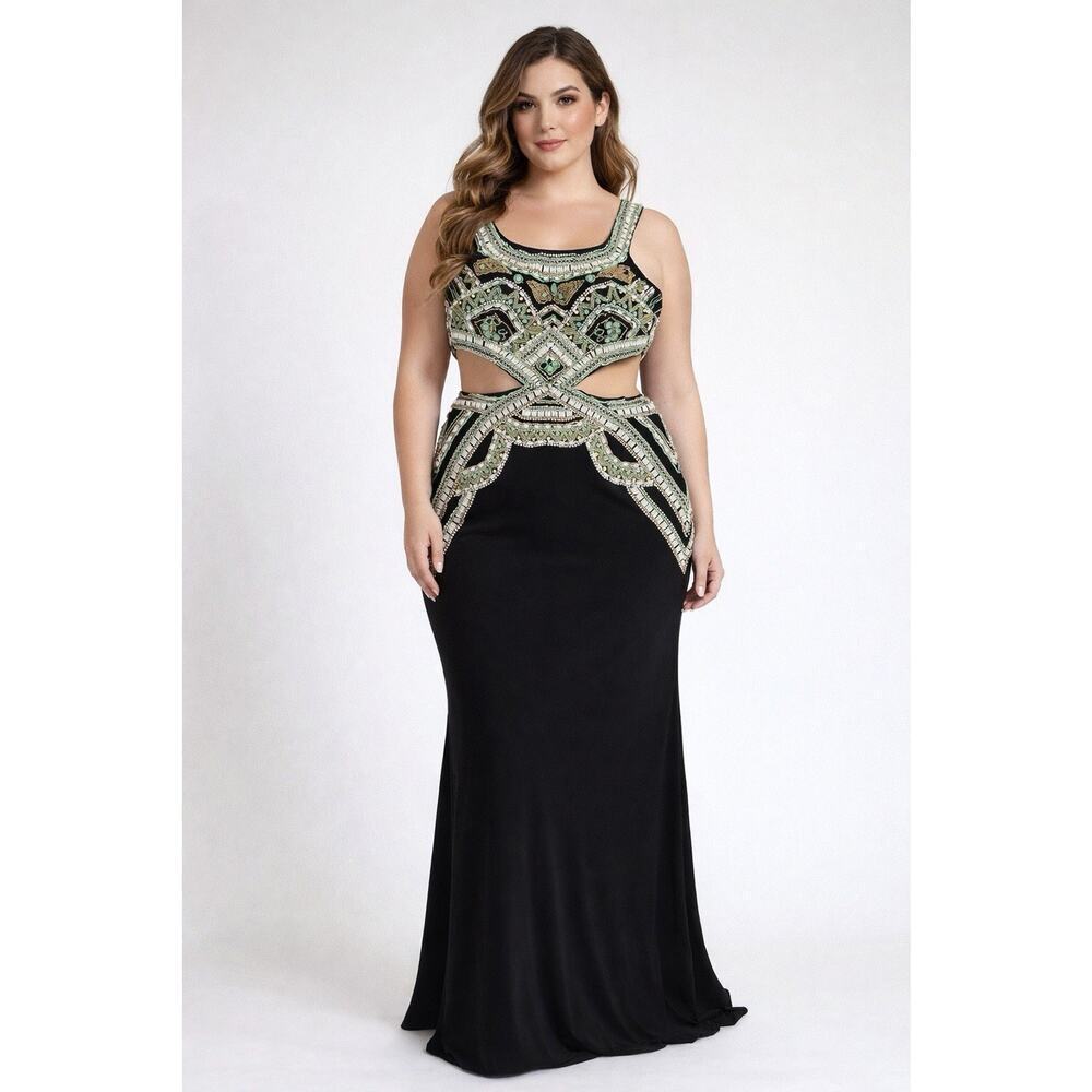 Sherri Hill Beaded Cutout Evening Gown Black Gold Mint Formal Prom Dress Size 10